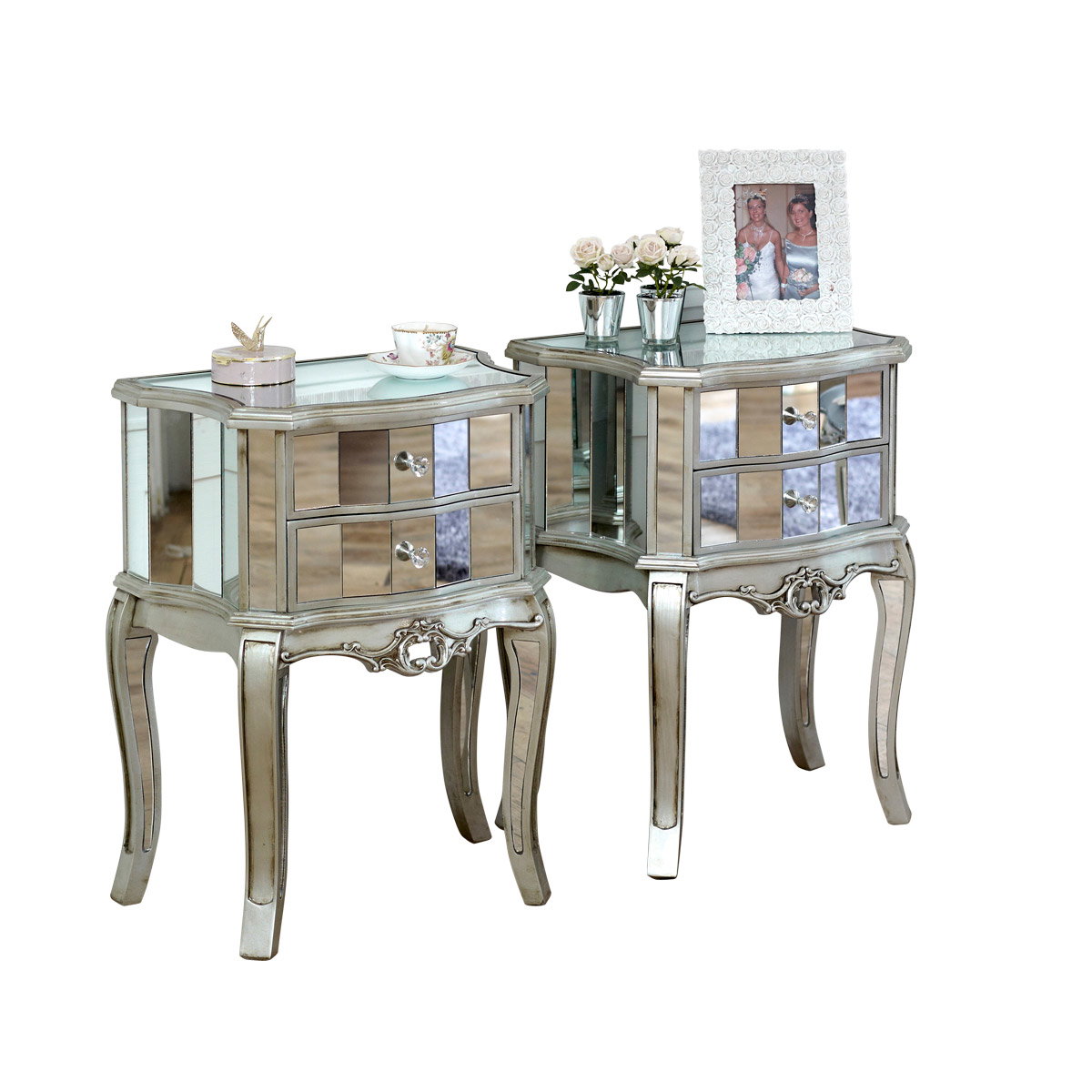 Pair of Mirrored Bedside Tables Tiffany Range Melody Maison