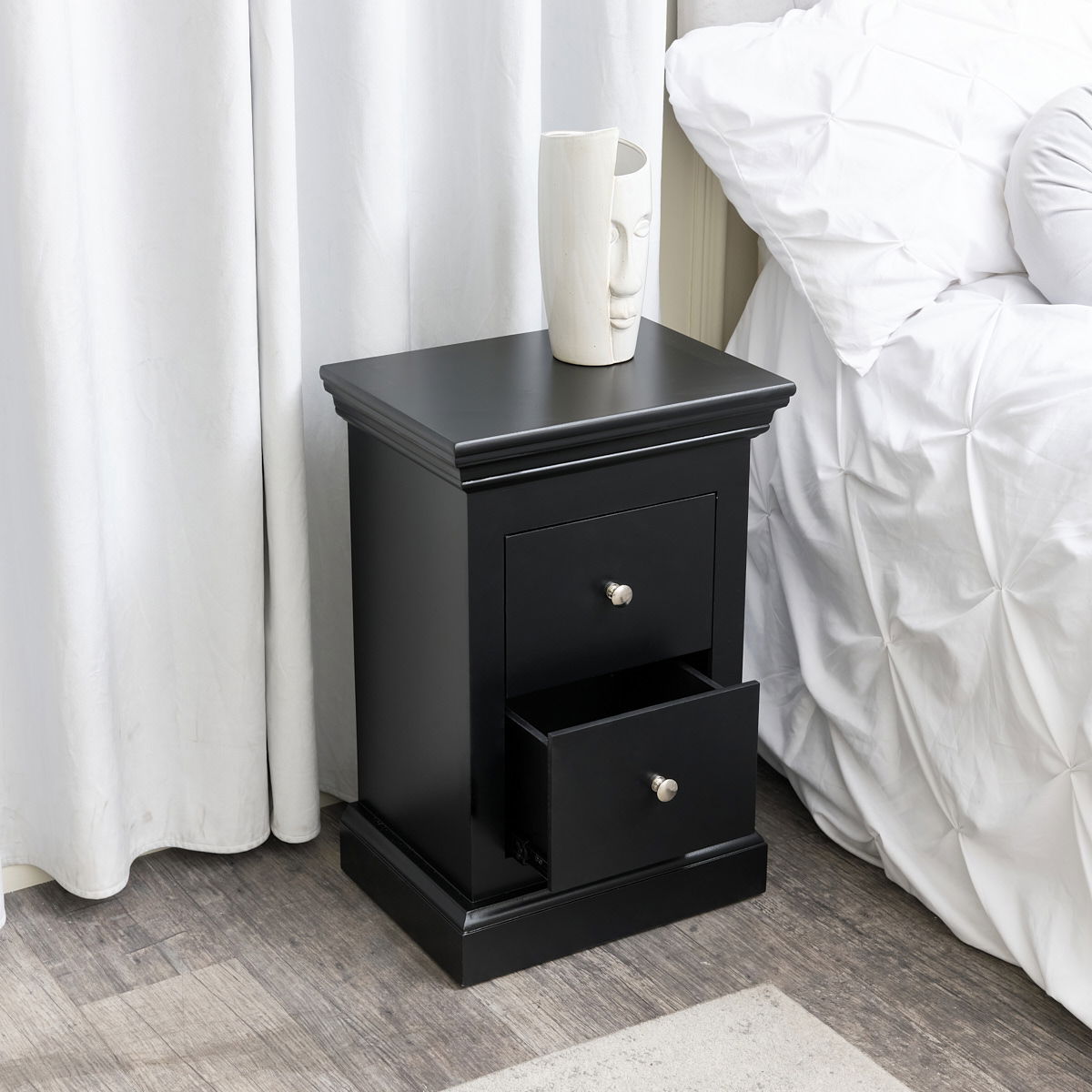 Black 2 Drawer Bedside Table Slimline Haxey Black Range Melody Maison