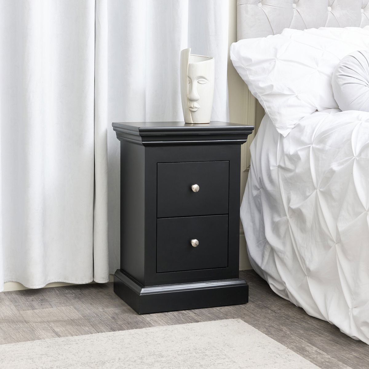 Black 2 Drawer Bedside Table Slimline Haxey Black Range Melody Maison