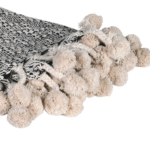 Black and White Pattern Throw with Pom Poms - 130cm x 160cm