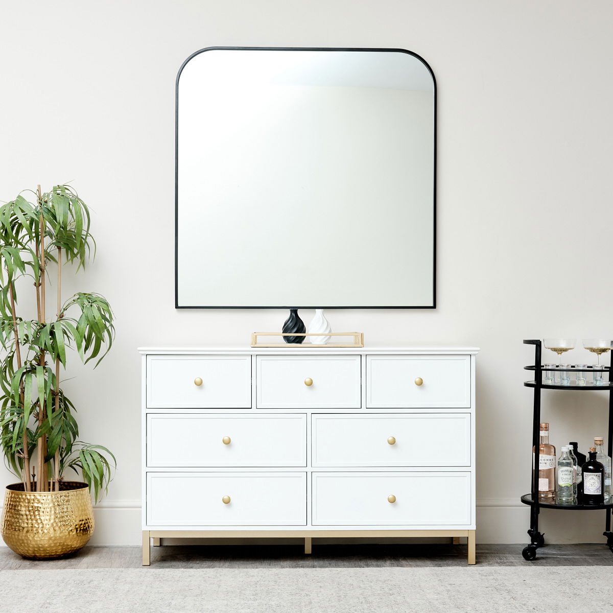 Large Black Curved Square Arched Overmantle Mirror 100cm x 100cm