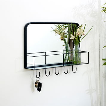 Black Mirrored Wall Shelf With Hooks