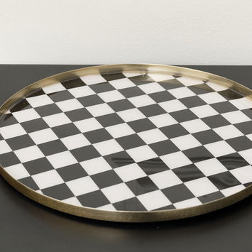 Black Monochrome Checked Round Tray