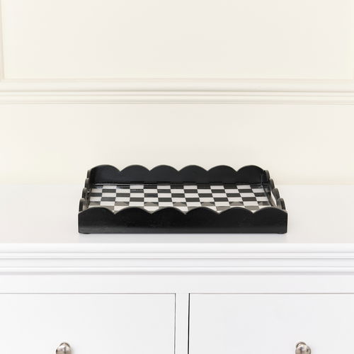 Rectangle Black Monochrome Checked Scalloped Tray