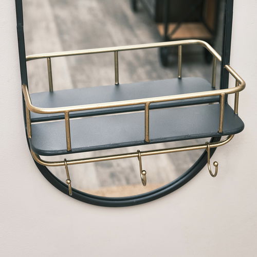 Black Oval Mirror with Shelf & Hooks 70cm x 35cm