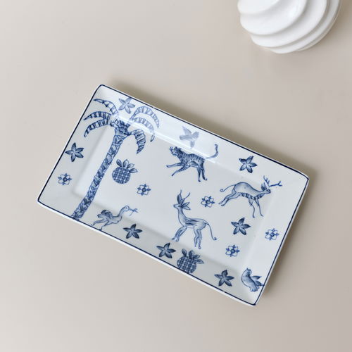 Blue & White Animal Patterned Rectangular Ceramic Trinket Plate