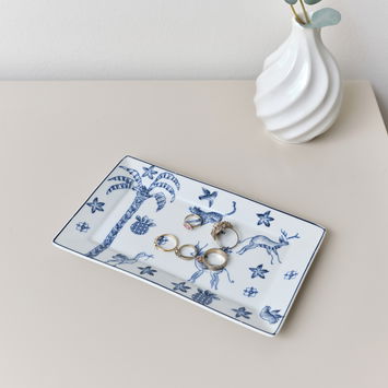 Blue & White Animal Patterned Rectangular Ceramic Trinket Plate