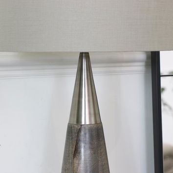 Brushed Silver & Beige Wash Wood Table Lamp