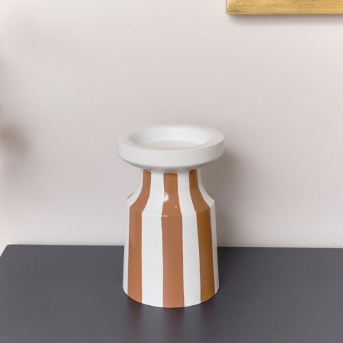 Burnt Orange Striped Pillar Candle Holder - 18cm