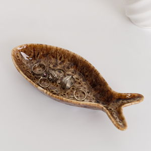 Ceramic Mottled Brown Glazed Fish Dish