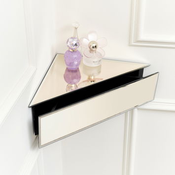 Champagne Mirrored Floating One Drawer Corner Shelf / Dressing Table