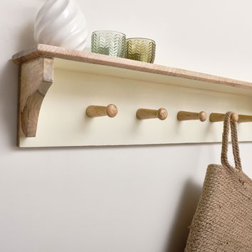 Cream & Mango Wood Wall Shelf with Hooks