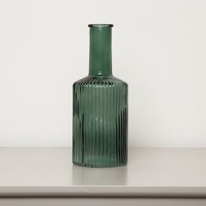 Dark Green Ribbed Glass Bottle Vase - 20cm