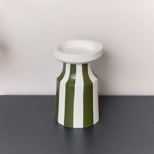 Dark Green Striped Pillar Candle Holder - 18cm    
