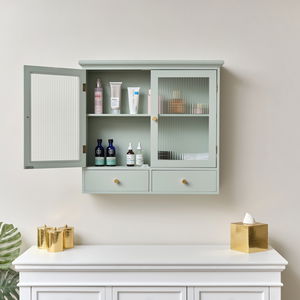 Duck Egg Blue Reeded Glass Wall Cabinet with Drawers