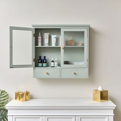 Duck Egg Blue Reeded Glass Wall Cabinet with Drawers