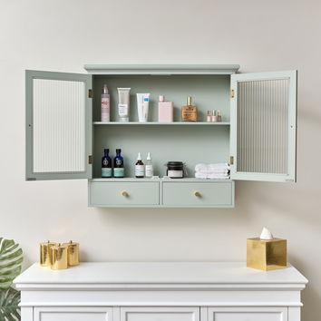 Duck Egg Blue Reeded Glass Wall Cabinet with Drawers