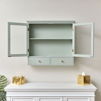 Duck Egg Blue Reeded Glass Wall Cabinet with Drawers