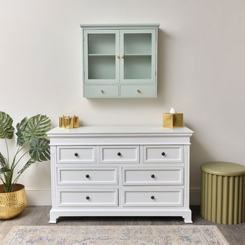 Duck Egg Blue Reeded Glass Wall Cabinet with Drawers