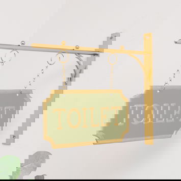 Gold and Sage Green Metal Wall Mounted Hanging Toilet Sign