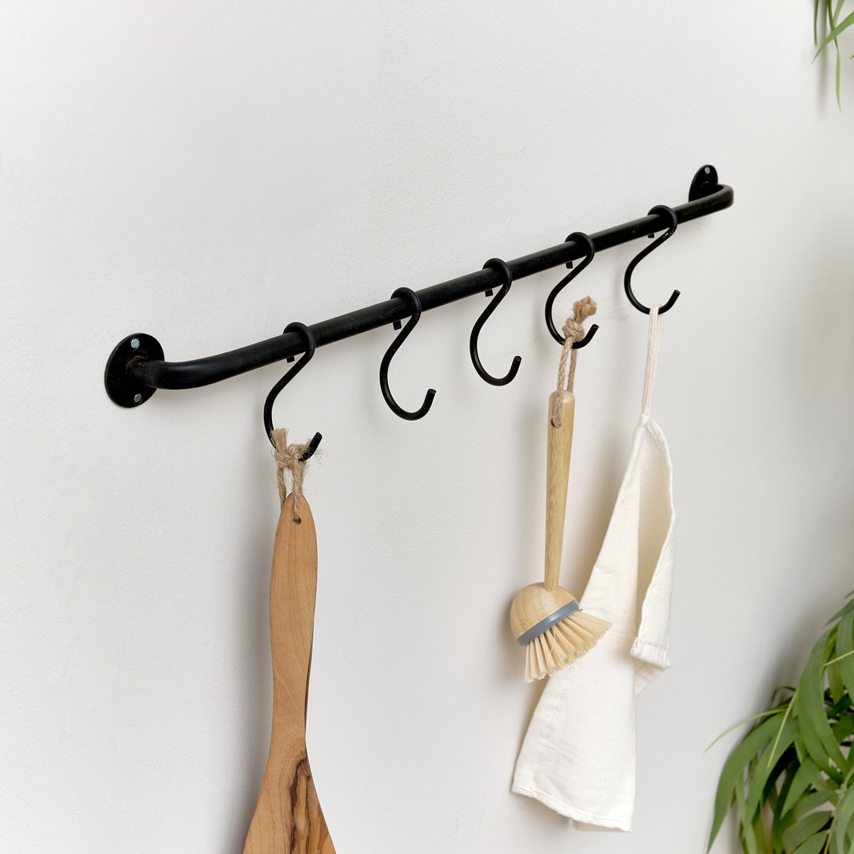 Black Industrial Wall Mounted Rail with 5 Storage Hooks | Melody Maison