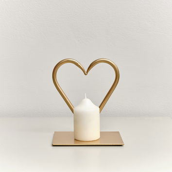 Gold Love Heart Shaped Candle Holder Stand - 15.5cm