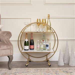 Gold & Marble Round Bar Cart Drinks Trolley