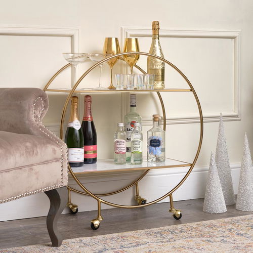 Gold & Marble Round Bar Cart Drinks Trolley