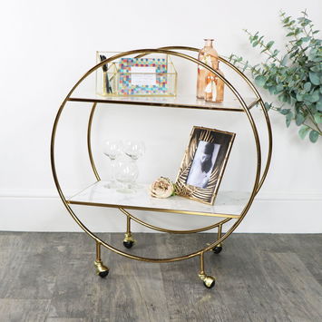 Gold & Marble Round Bar Cart Drinks Trolley