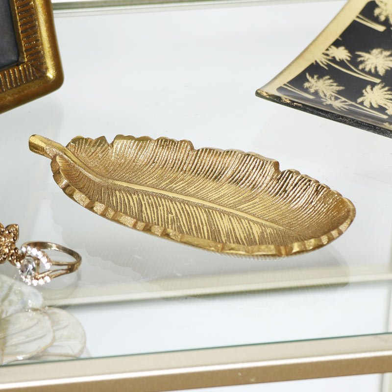 Gold Metal Feather Trinket Dish 