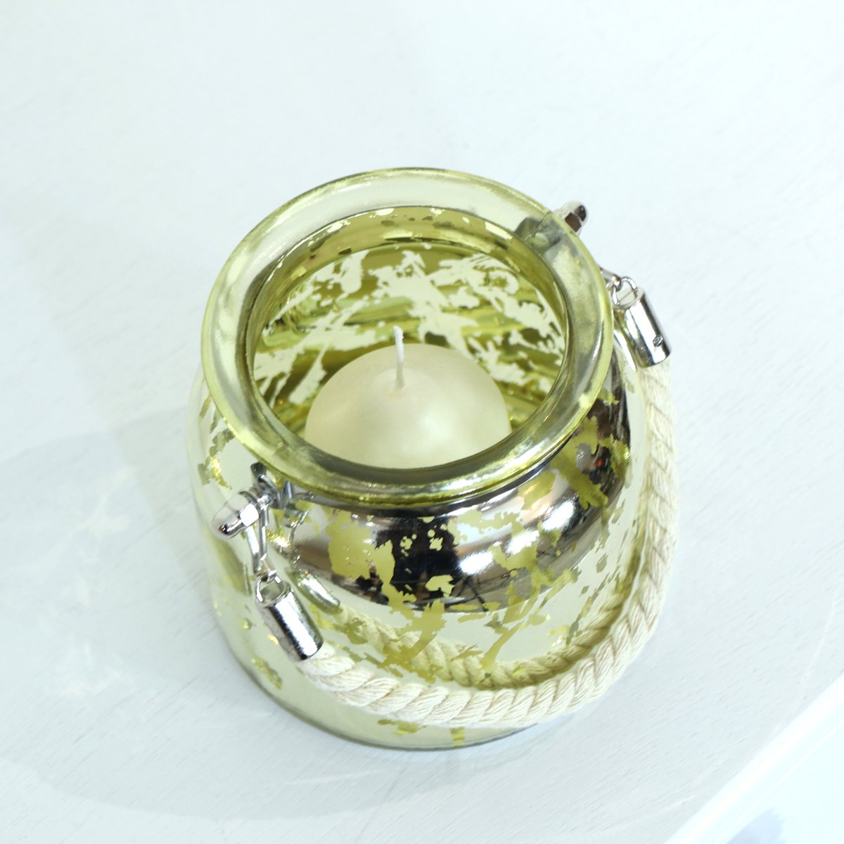 Gold Mottled Glass Candle Holder with Rope Handle