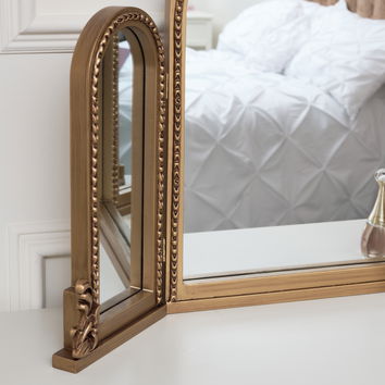 Gold Ornate Arched Triple Dressing Table Mirror 80cm x 56cm