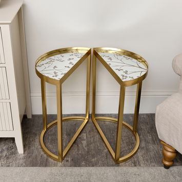 Gold Set of 2 Semi Circle Printed Mirrored Side Table