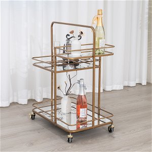 Gold Vintage Printed Glass 3 Tier Drinks Trolley with Wheels