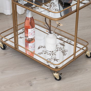 Gold Vintage Printed Glass 3 Tier Drinks Trolley with Wheels