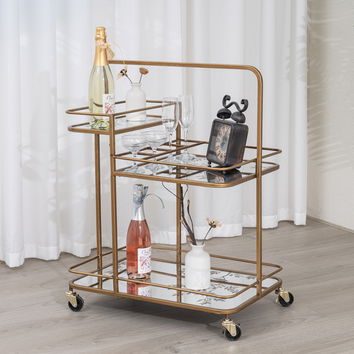 Gold Vintage Printed Glass 3 Tier Drinks Trolley with Wheels