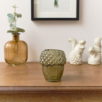 Green Glass Autumn Acorn Candle Holder 9cm