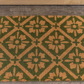 Green & Natural Geometric Tile Print Coir Door Mat