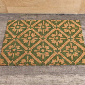 Green & Natural Geometric Tile Print Coir Door Mat