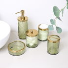 Green Patterned Glass Bathroom Tumbler with Gold Rim
