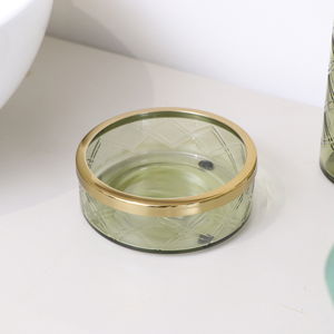 Green Patterned Glass Soap Dish with Gold Rim  