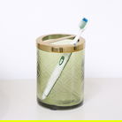 Green Patterned Glass Toothbrush Holder with Gold Rim