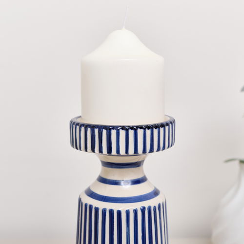 Hand Painted Blue and White Striped Ceramic Candle Holder