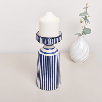 Hand Painted Blue and White Striped Ceramic Candle Holder