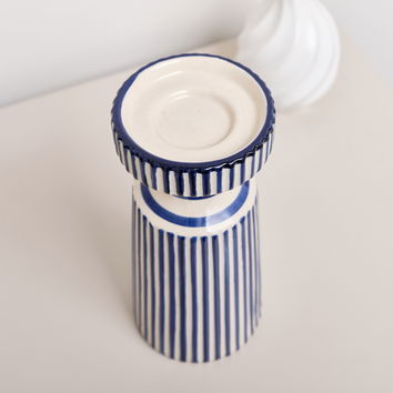 Hand Painted Blue and White Striped Ceramic Candle Holder