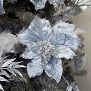 Ice Blue Silver Glittery set of 3 silver poinsettia clip - 20cm