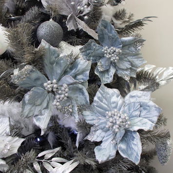 Ice Blue Silver Glittery set of 3 silver poinsettia clip - 20cm