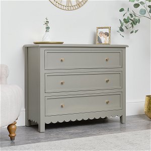 Large Scalloped 3 Drawer Chest of Drawers & Pair of Bedside Tables - Staunton Taupe Range