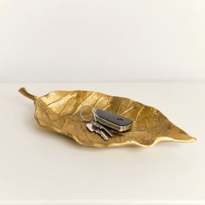 Large Antique Gold Bay Leaf Shaped Trinket Tray - 36cm