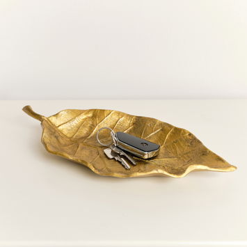 Large Antique Gold Bay Leaf Shaped Trinket Tray - 36cm